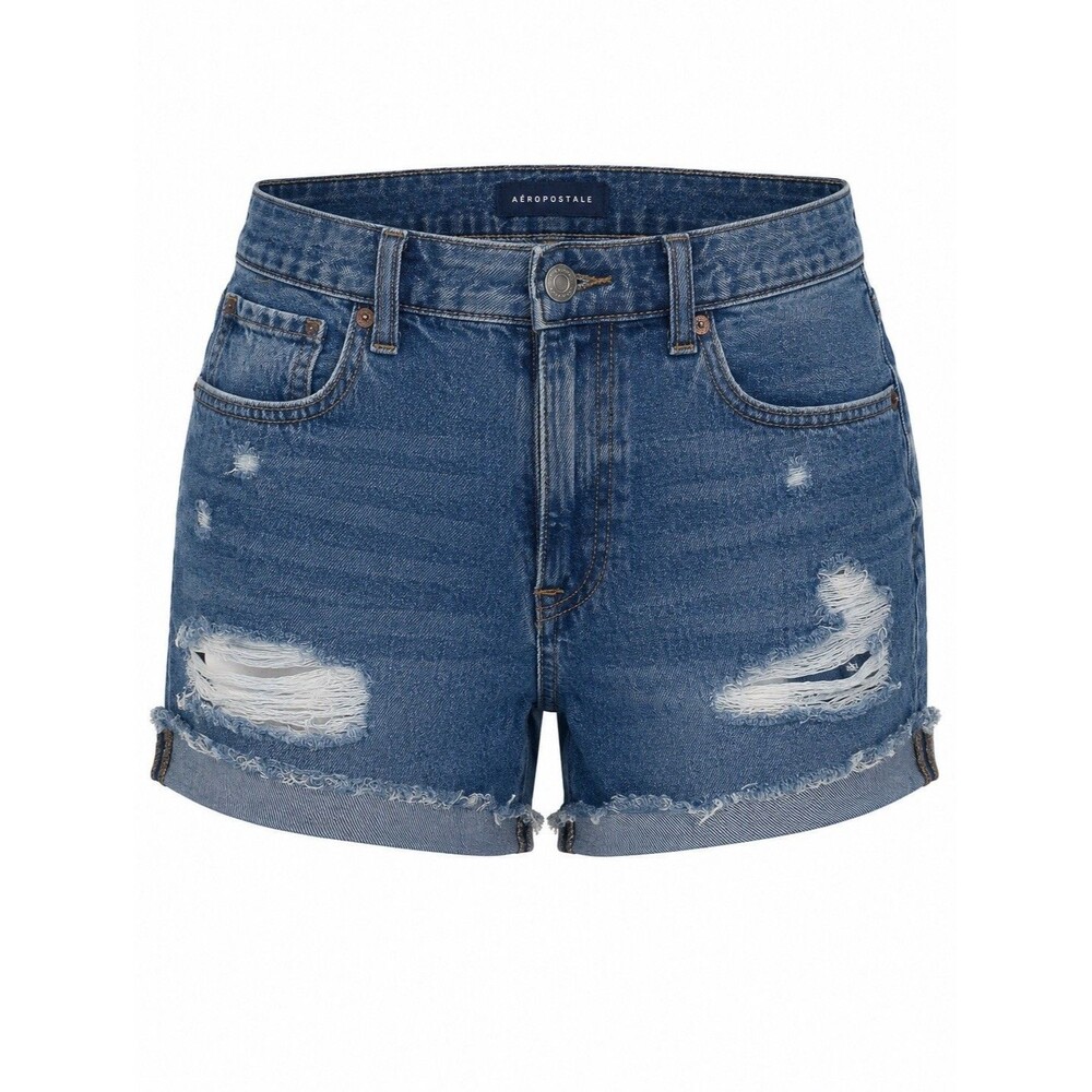 Aeropostale Mom Short Distressed Denim Shorts Blue Cuffed Raw Hem Size 6